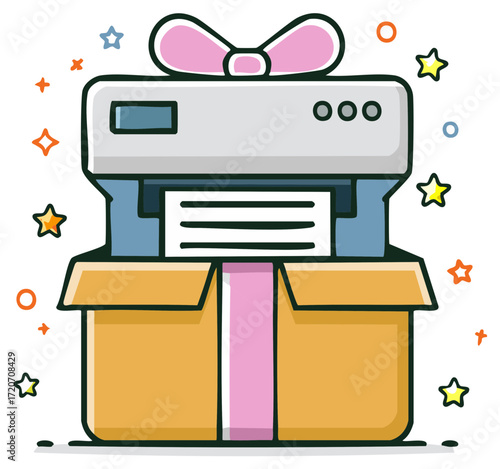 Joyful illustration of a new printer emerging from a gift box with a large pink bow and stars
