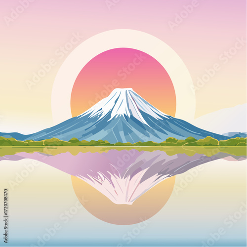 A highly detailed vector illustration of Mount Fuji at sunrise, with a soft pastel sky in pinks, lavenders, and pale yellows, featuring gentle gradients and a serene reflection, perfect for travel pos