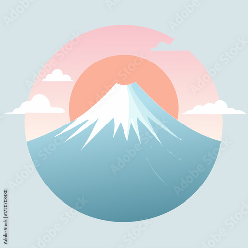 A refined vector illustration of a Mount Fuji silhouette against a pastel dawn in mint green, peach, and light blue, with smooth curves and subtle shading, ideal for minimalist wall art.
