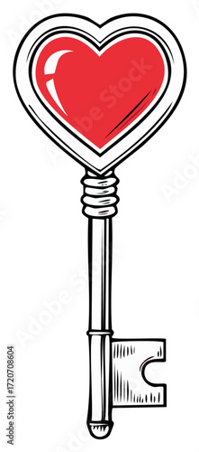 Ornate vintage skeleton key with a shiny red heart top symbolizing love romance and affection