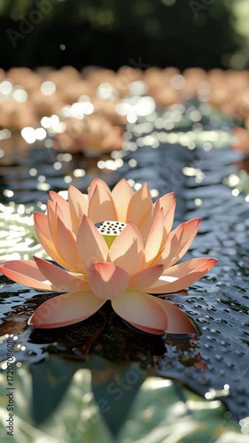 Spiritual Bloom and Zen Serenity Motion Background, glowing lotus flower on tranquil pond with sunlight reflections, mindfulness purity and botanical harmony for wellness and inner renewal campaigns
