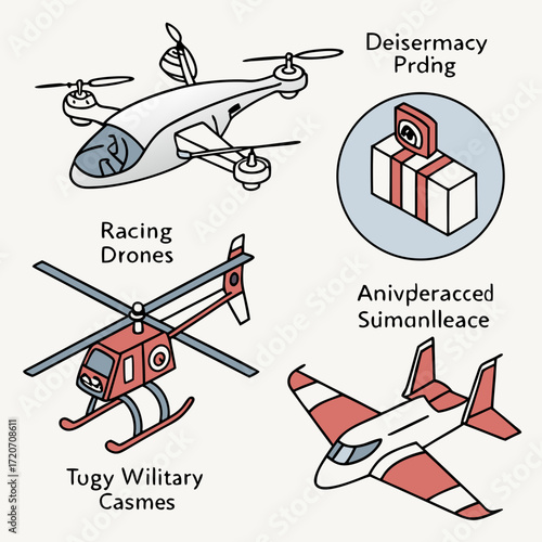 A collection of cartoon style illustrations featuring various flying vehicles including a racing drone a helicopter a small airplane and a drone delivering a package with a camera