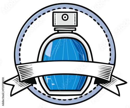 Stylized perfume bottle icon with a blank ribbon banner and circular border