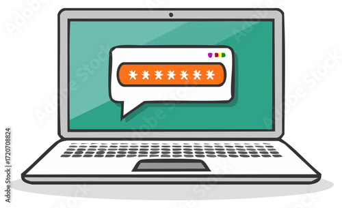Cartoon notebook displays a masked password entry in a speech bubble on the screen for secure authentication.