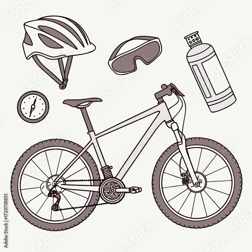 A collection of essential mountain biking gear including a bicycle helmet goggles a compass a water bottle and a mountain bike all depicted in a simple line art style