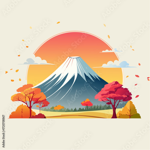 A charming vector illustration of Mount Fuji with autumn foliage, in pastel oranges, reds, and yellows, with fine leaf details and smooth transitions, ideal for seasonal travel brochures.
