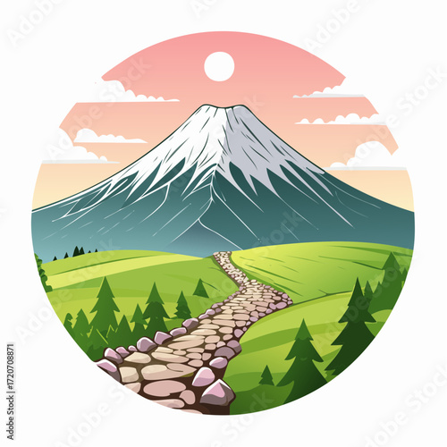 A vibrant vector illustration of a Mount Fuji hiking trail, with pastel greens, pinks, and grays depicting the path and sky, featuring detailed rocks and a clear summit view, perfect for adventure gui