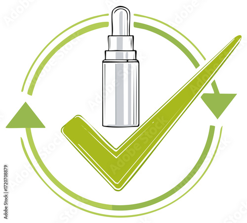 Cosmetic bottle with check mark and arrows symbolizing approval, positive result.