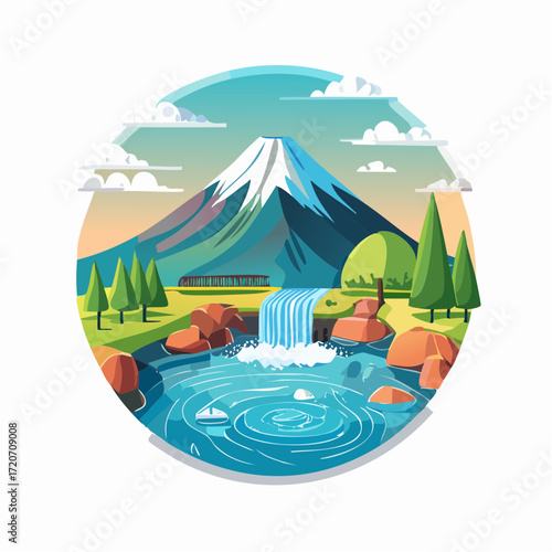 A polished vector illustration of Mount Fuji with a hot spring, in pastel blues, peaches, and greens, with steam effects and detailed water textures, perfect for wellness retreat promotions.
