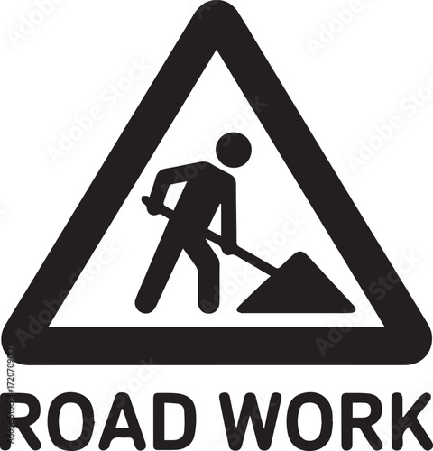 Road construction warning banner with safety symbols and information