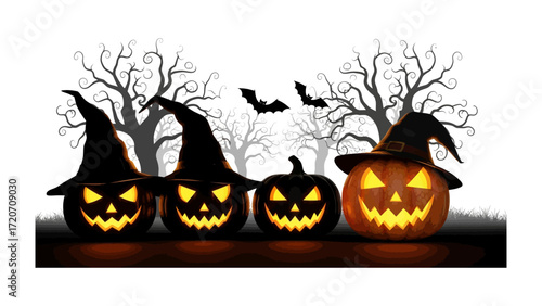 Haunted Halloween: Spooky, illuminated jack-o'-lanterns wearing whimsical witch hats against a backdrop of gnarled trees and flying bats.