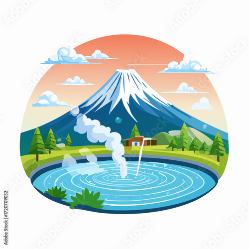 A polished vector illustration of Mount Fuji with a hot spring, in pastel blues, peaches, and greens, with steam effects and detailed water textures, perfect for wellness retreat promotions.
