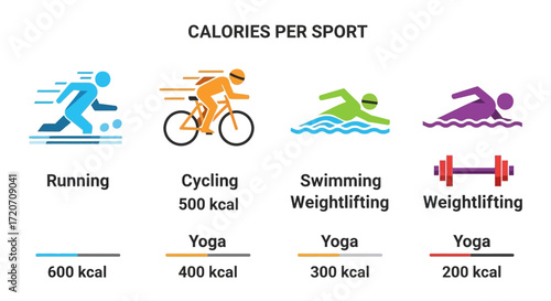 Flat-lay infographic illustrating calories burned during running, cycling, swimming, and weightlifting, with vibrant color accents against a white background.