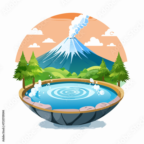 A polished vector illustration of Mount Fuji with a hot spring, in pastel blues, peaches, and greens, with steam effects and detailed water textures, perfect for wellness retreat promotions.
