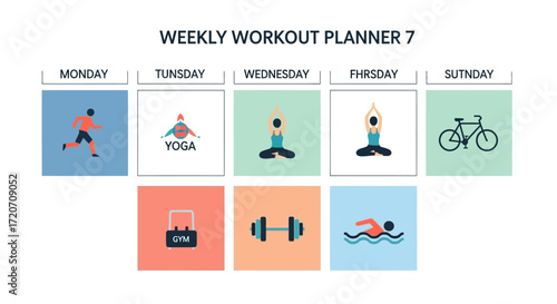 Flat lay weekly workout planner infographic showing various fitness activities including yoga, running, swimming, and cycling, with a clean, minimalist design and a