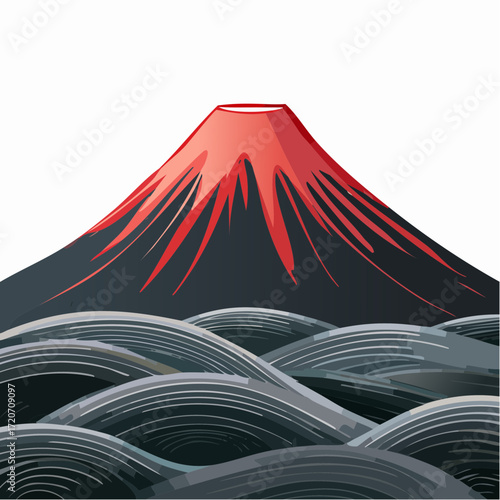 A refined vector illustration of Mount Fuji's volcanic landscape, featuring dark lava fields and a stark gray mountain in a dramatic black and red color scheme with precise textures, ideal for geologi