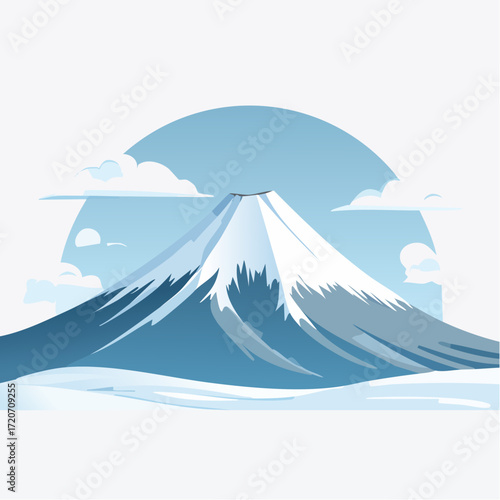 A meticulous vector illustration of Mount Fuji with a heavy snowcap, depicted in crisp white and gray tones with subtle snow details and a cold blue sky, perfect for winter tourism ads.
