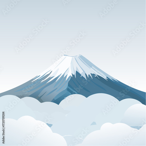A meticulous vector illustration of Mount Fuji with a heavy snowcap, depicted in crisp white and gray tones with subtle snow details and a cold blue sky, perfect for winter tourism ads.
