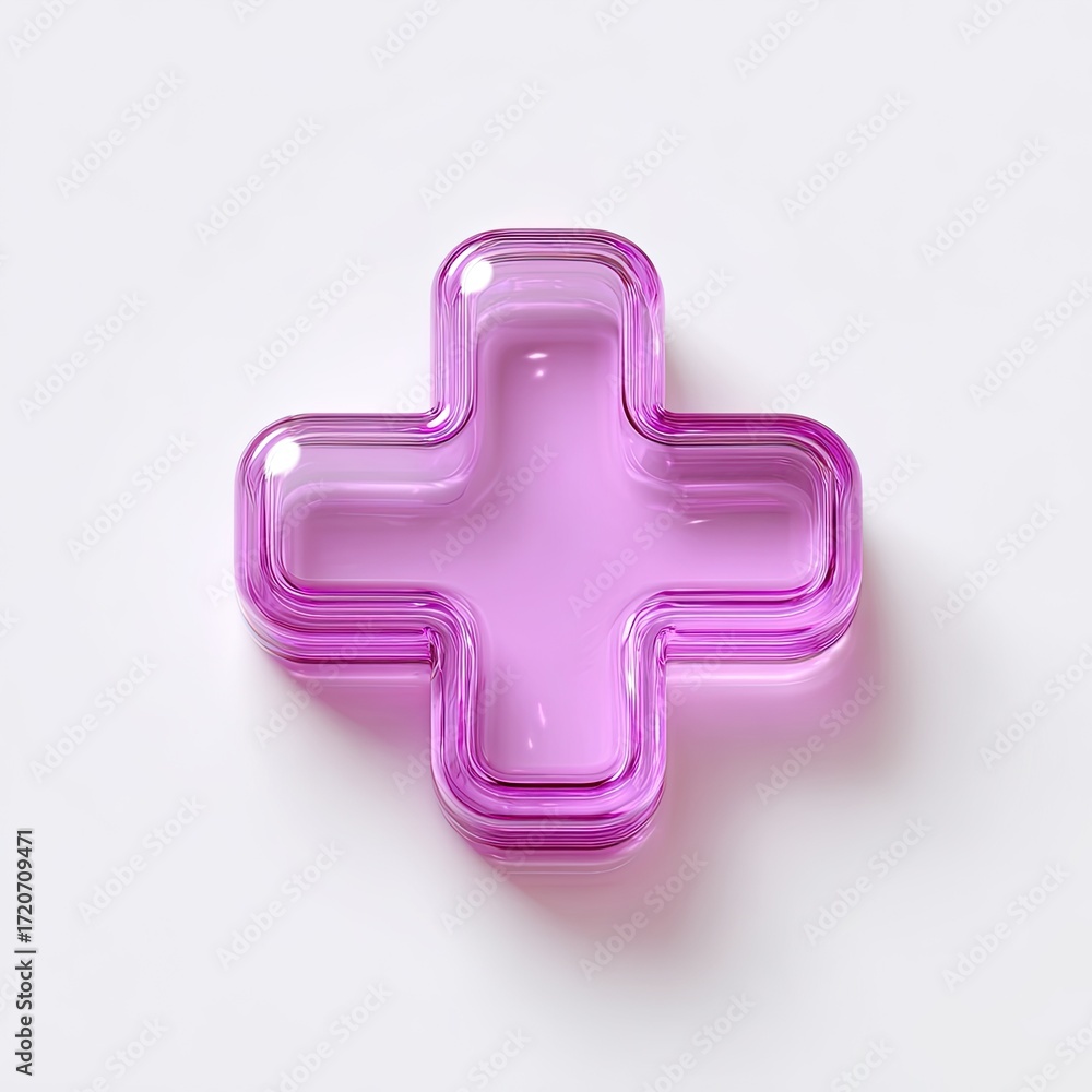 Fototapeta premium 3D rendered, translucent, pinkish-purple plus sign on white background
