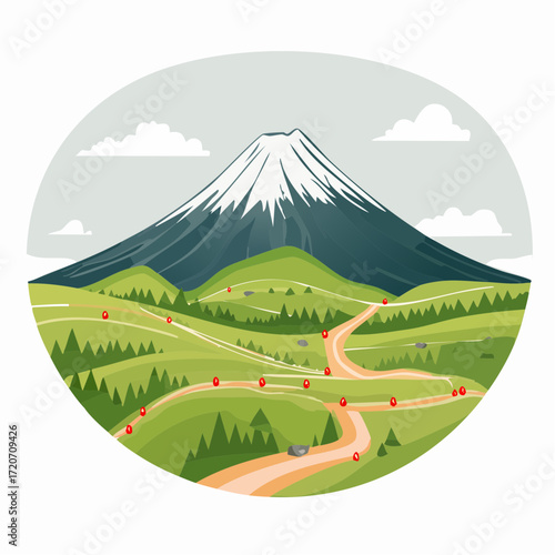 A precise vector illustration of a Mount Fuji hiking route, with a rugged path and elevation markers in earthy browns and greens, detailed with topographic lines, ideal for adventure maps.
