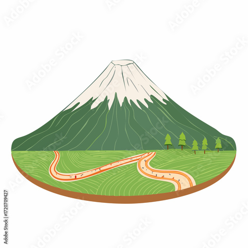 A precise vector illustration of a Mount Fuji hiking route, with a rugged path and elevation markers in earthy browns and greens, detailed with topographic lines, ideal for adventure maps.
