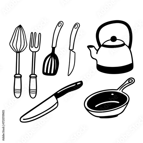 A collection of hand drawn kitchen utensils including a citrus juicer fork spatula two knives a kettle and a frying pan all in a simple black and white doodle style on a white background
