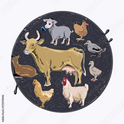 farm animals pack- cow, chicken, sheep, goat, pig, flat cartoon style, isolated icons