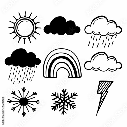 A collection of hand drawn weather icons including a sun clouds with rain a rainbow snowflakes and a lightning bolt perfect for weather forecasts or educational materials