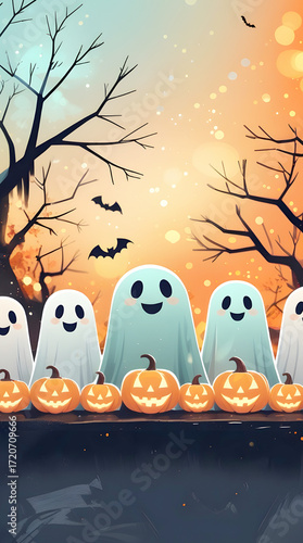 Cute Halloween Ghosts and Smiling Pumpkins at Dusk