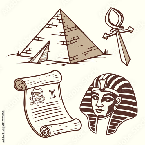 A collection of iconic egyptian symbols including a pyramid an ankh a pharaohs headdress and a papyrus scroll with hieroglyphs depicted in a simple line art style