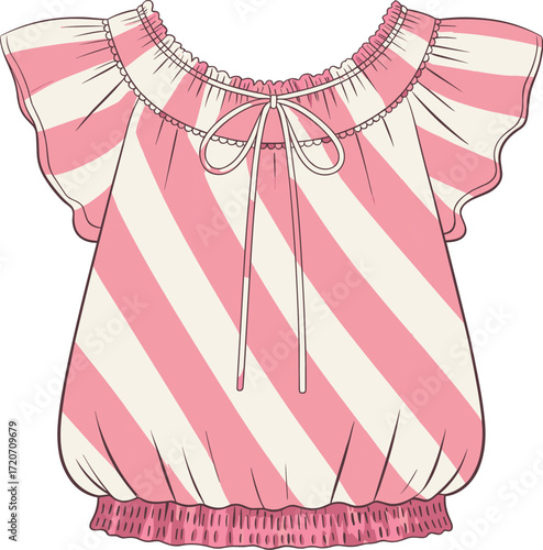Girl's striped babydoll top with gathered neckline and hem, tied drawstring, and flutter sleeves, technical fashion sketch for apparel design vector.