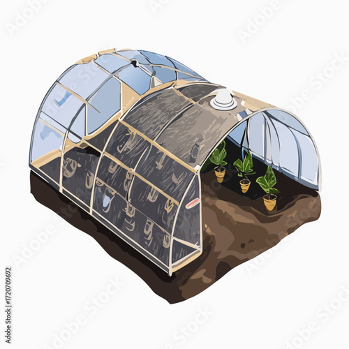Detailed vector illustration of greenhouse with plants growing inside, modern agricultural d.svg, Firefly Detailed vector illustration of greenhouse with plants growing inside, modern agricultural