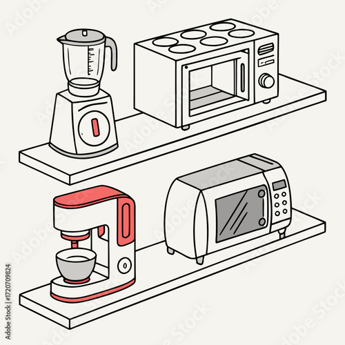 A collection of kitchen appliances including a blender a stand mixer a microwave oven and a toaster oven are neatly arranged on two white shelves against a neutral background