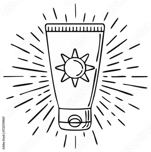 Hand-drawn sun protection lotion tube with radiant sun symbol and rays