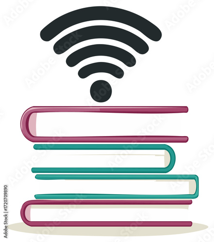 Stack of Books with Wireless Signal Icon for Digital Library and E-Learning Concept