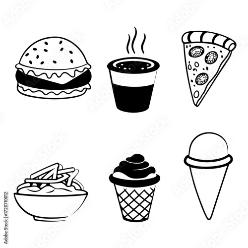 A collection of simple black and white hand drawn icons representing popular fast food items including a burger coffee pizza slice french fries and ice cream cones perfect for graphic design