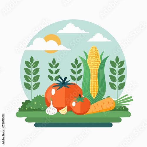 High quality flat vector illustration of organic vegetable farm with carrots, tomatoes