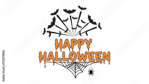 Halloween Night Invitation: A spooky night unfolds with bats, spiderwebs, and the joyous message of Happy Halloween, captured in an artful digital graphic, perfect for any spooky celebration.