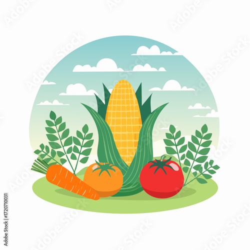 High quality flat vector illustration of organic vegetable farm with carrots, tomatoes
