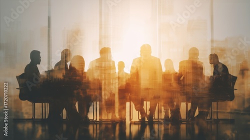 A diverse group of professionals engaged in a meeting, showcasing teamwork and collaboration in a modern office environment.