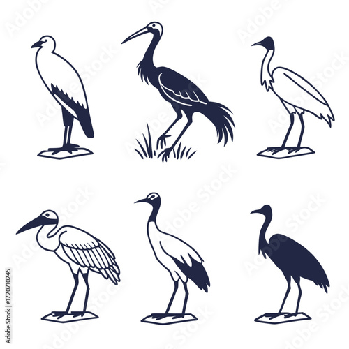 A collection of six stylized illustrations of wading birds including storks and cranes depicted in both silhouette and outline styles against a clean white background