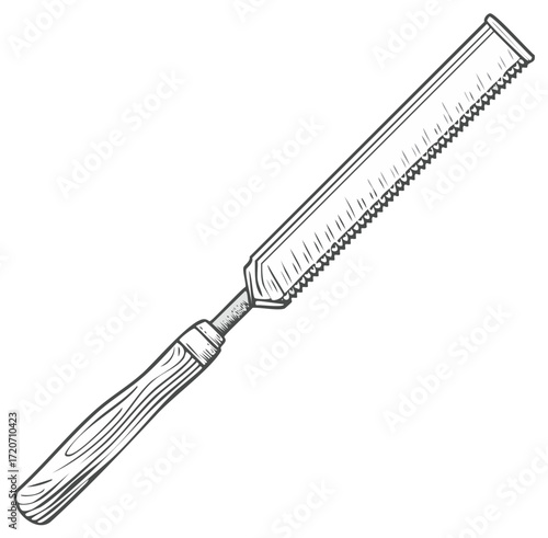Vintage tenon saw with wooden handle line art illustration for woodworking or carpentry