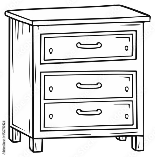 Cartoon Style Three Drawer Dresser Illustration with Outlines on White