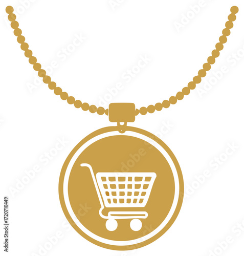 Luxury shopping concept with a gold medallion necklace and a retail cart symbol
