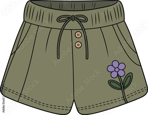 Infant's casual elastic waist shorts with drawstring, pleated front, and side pockets, technical fashion sketch with a floral applique, vector.