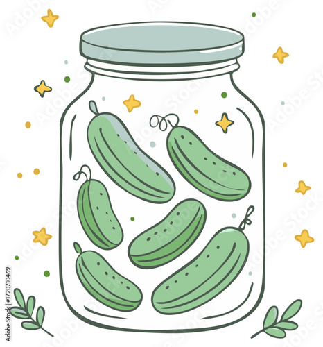 Cute cartoon illustration of pickled cucumbers in a whimsical glass jar