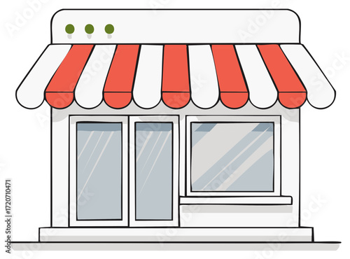 Modern storefront with awning and large display windows, clean design