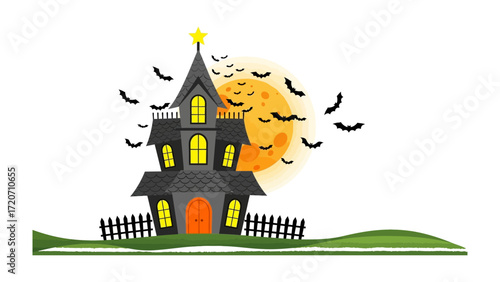 Spooky Night Silhouette: A creatively styled haunted house, complete with bats against the backdrop of the harvest moon. An artfully crafted seasonal image to evoke excitement and thrills.