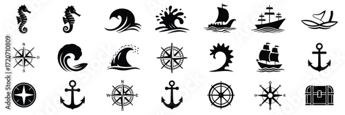 Ocean Adventure Nautical Icon Set,  Black Silhouette Vector Symbols Featuring Marine Life, Sailboats, Anchors, Waves, Sea Creatures, Coastal Travel, Nautical Themes, and Adventure Vector Illustrations