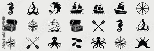 Ocean Adventure Icon Set,  Black Silhouette Vector Symbols for Marine Life, Sailing, Nautical Adventures, Boats, Waves, Anchors, Sea Creatures, Ocean Exploration, and Coastal Graphic Design Projects